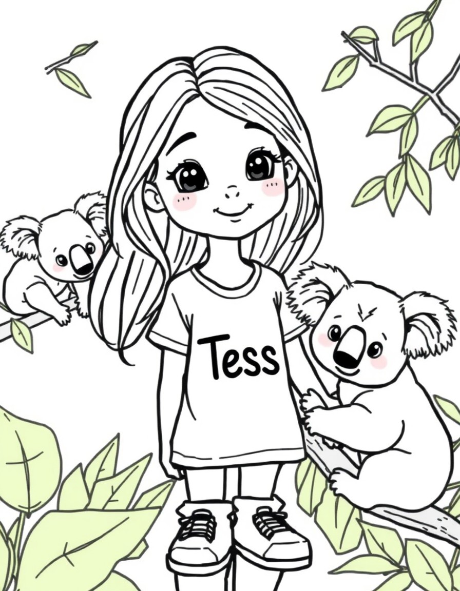 Cute 8 year old girl with long hair with the name Tess on her shirt in the zoo taking care of koalas.