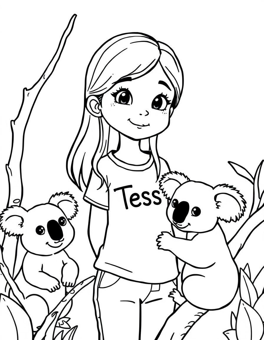 Cute 8 year old girl with long hair with the name Tess on her shirt in the zoo taking care of koalas.