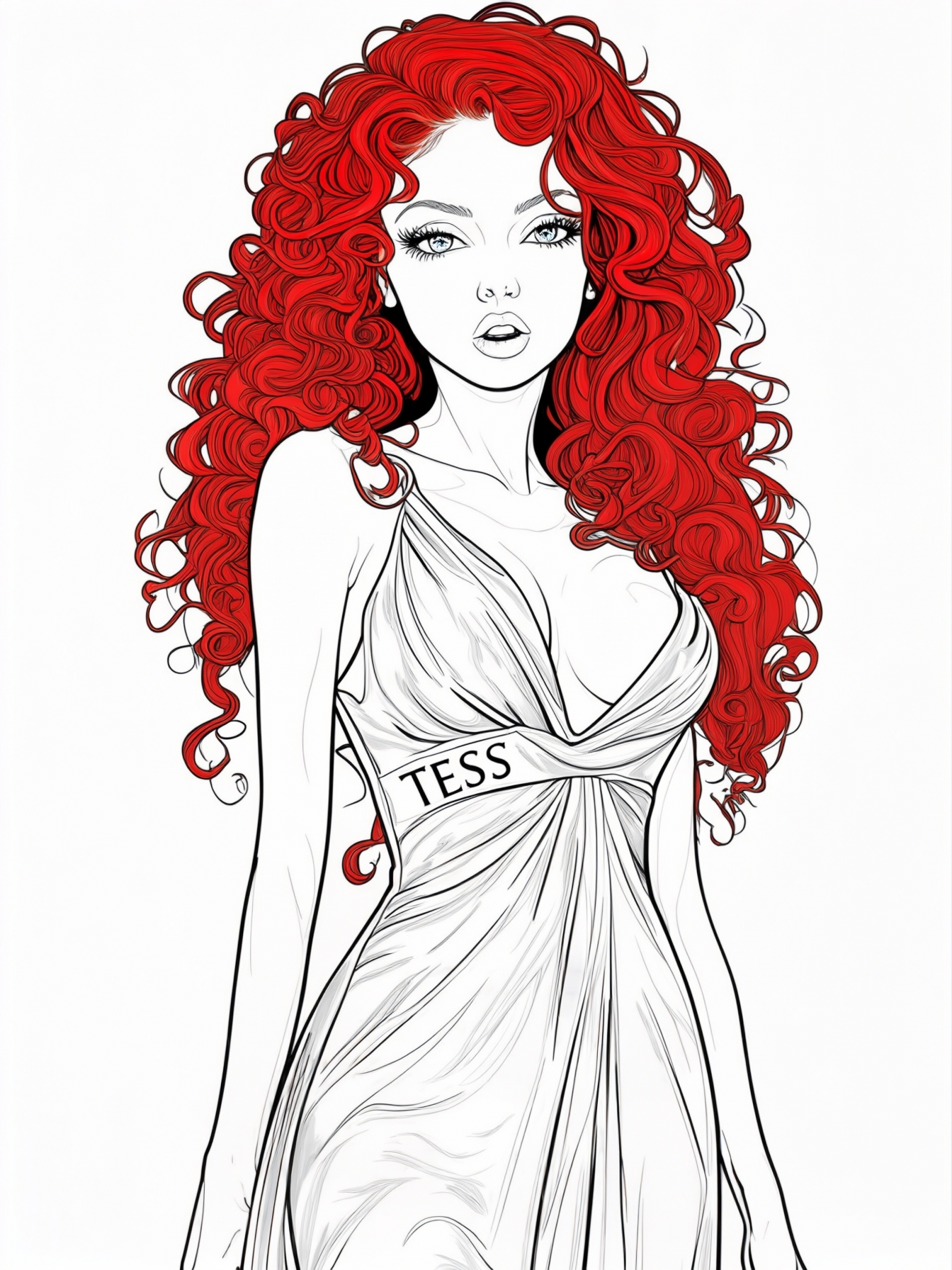 A fit red headed girl with curls with a silky gown on. She has a look of seduction on her face. The text "TESS" on the dress