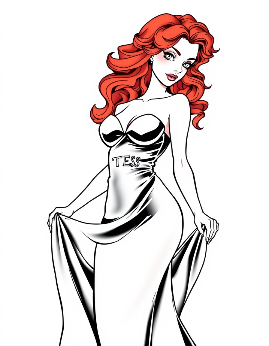 A fit red headed girl with curls with a silky gown on. She has a look of seduction on her face. The text "TESS" on the dress