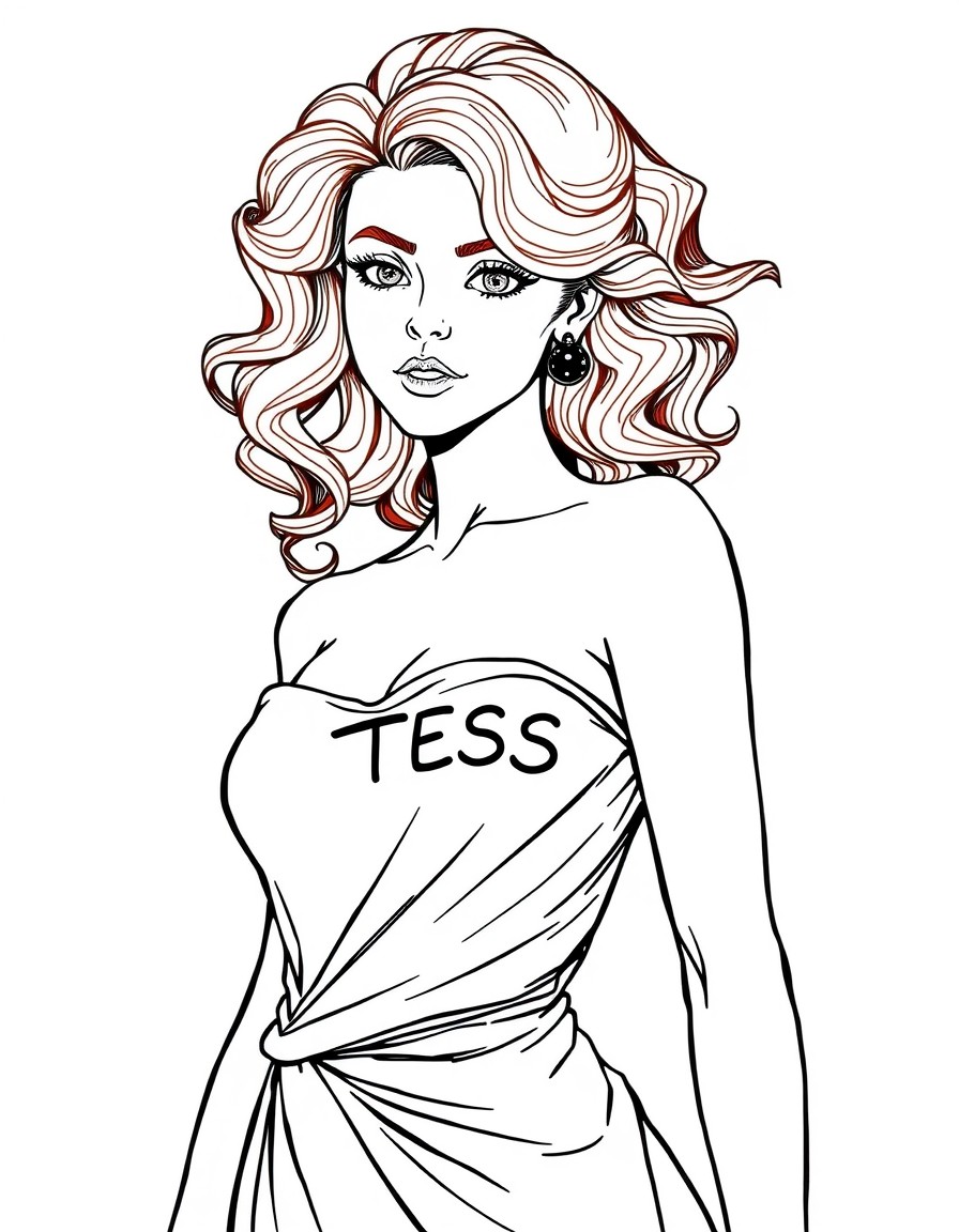 A fit red headed girl with curls with a silky gown on. She has a look of seduction on her face. The text "TESS" on the dress