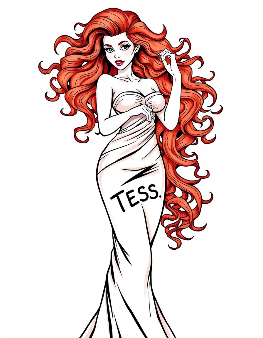 A fit red headed girl with curls with a silky gown on. She has a look of seduction on her face. The text "TESS" on the dress