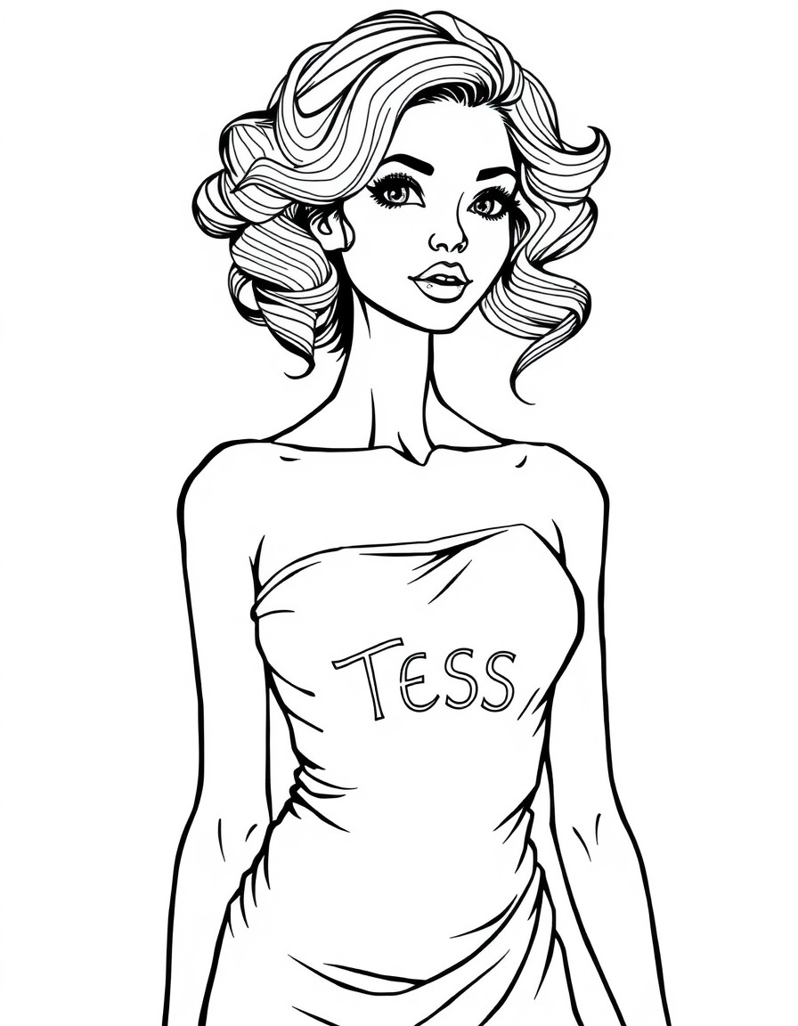 A fit headed girl with curls with a silky gown on. She has a look of seduction on her face. The text "TESS" on the dress