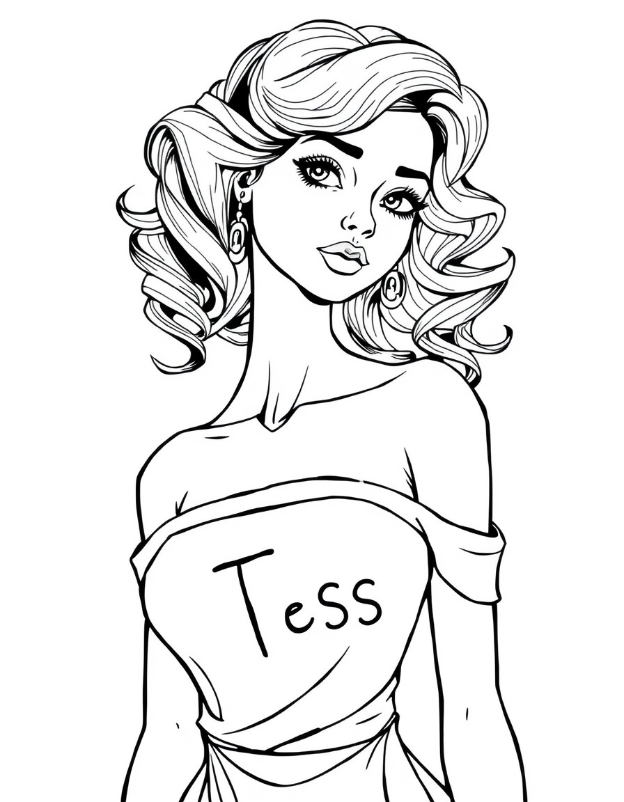 A fit headed girl with curls with a silky gown on. She has a look of seduction on her face. The text "TESS" on the dress