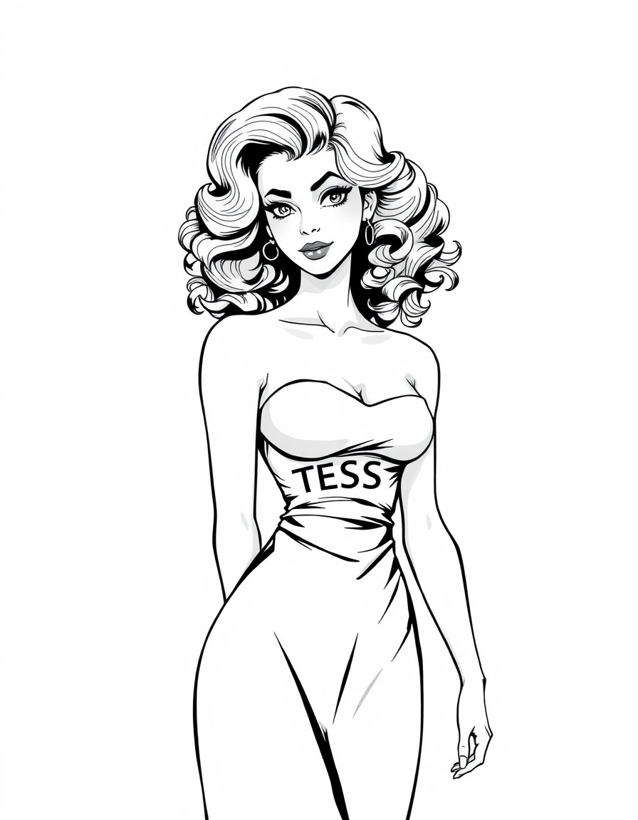 A fit headed girl with curls with a silky gown on. She has a look of seduction on her face. The text "TESS" on the dress