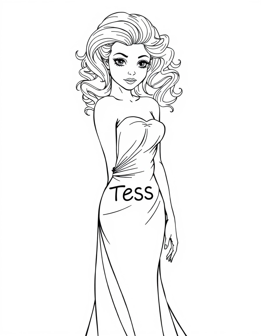 A fit headed girl with curls with a silky gown on. She has a look of seduction on her face. The text "TESS" on the dress