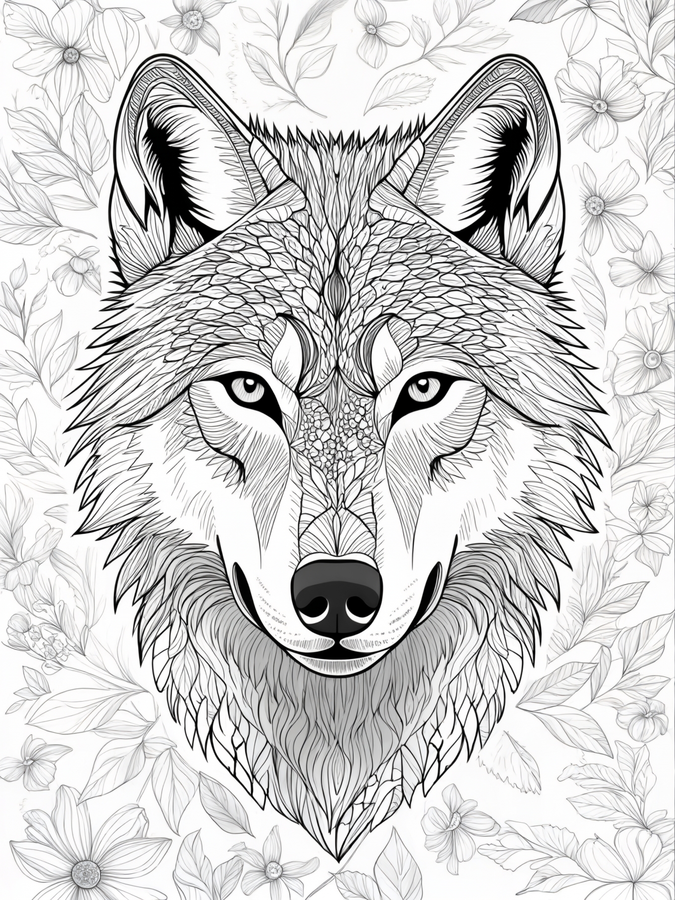 Create a coloring page with a wolf face, its fur will be made up of many small details, and its background will have leaves and flowers