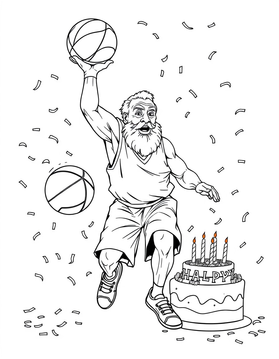 A bold grandpa playing basketbal on his birthday with a birthday cake and confetti everywhere