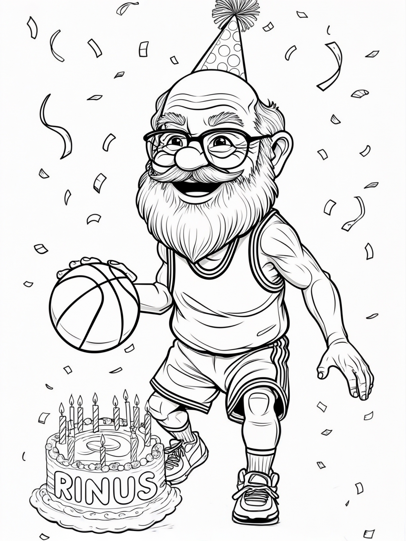 A cute bold grandpa without a beard playing basketbal on his birthday with a birthday cake and confetti everywhere. wearing a birthday hat, smiling, fun, text "RINUS" on the birthday cake