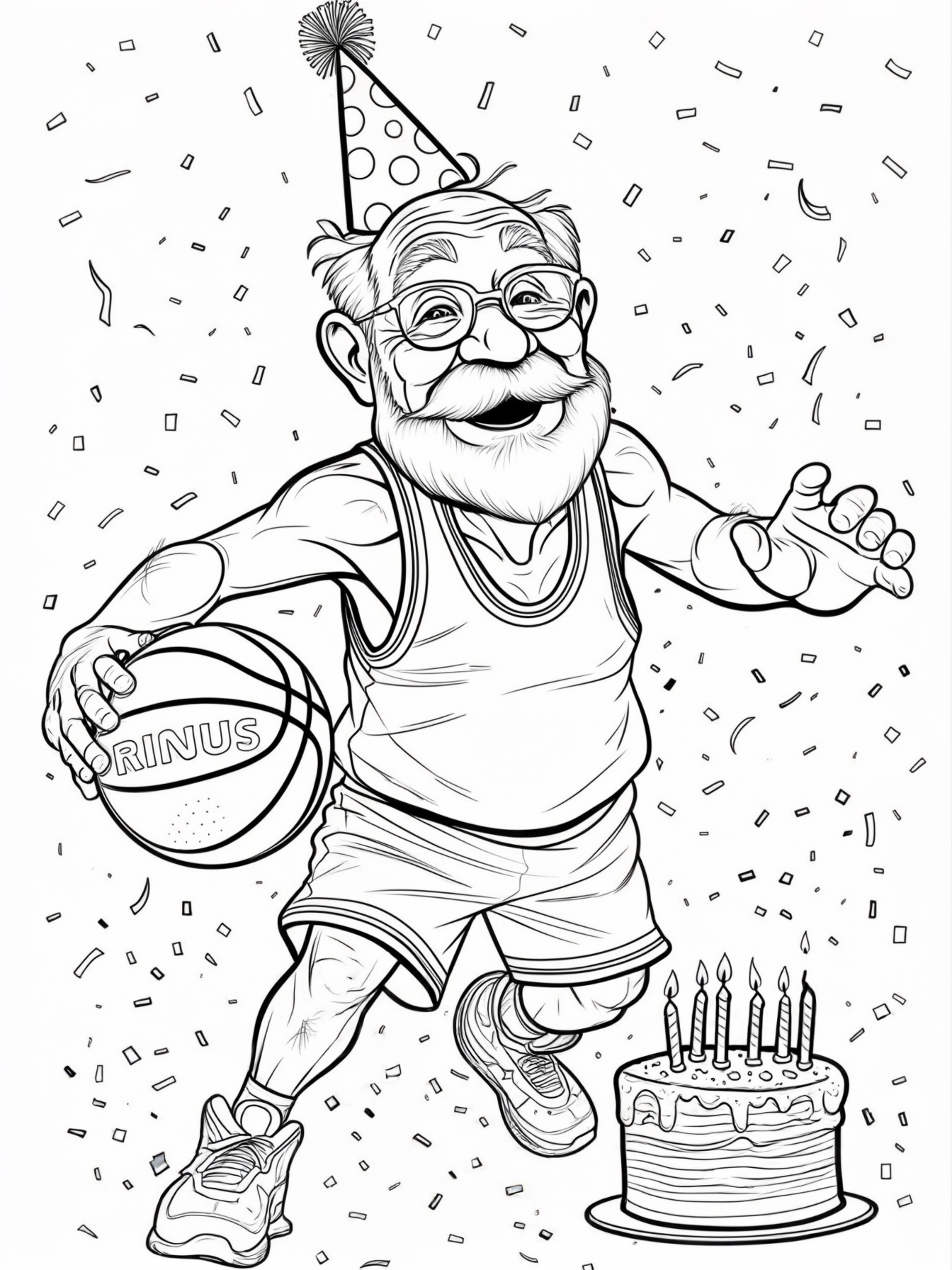 A cute bold grandpa without facial hair, clean-shaven face, playing basketbal on his birthday with a birthday cake and confetti everywhere. wearing a birthday hat, smiling, fun, text "RINUS" on the b