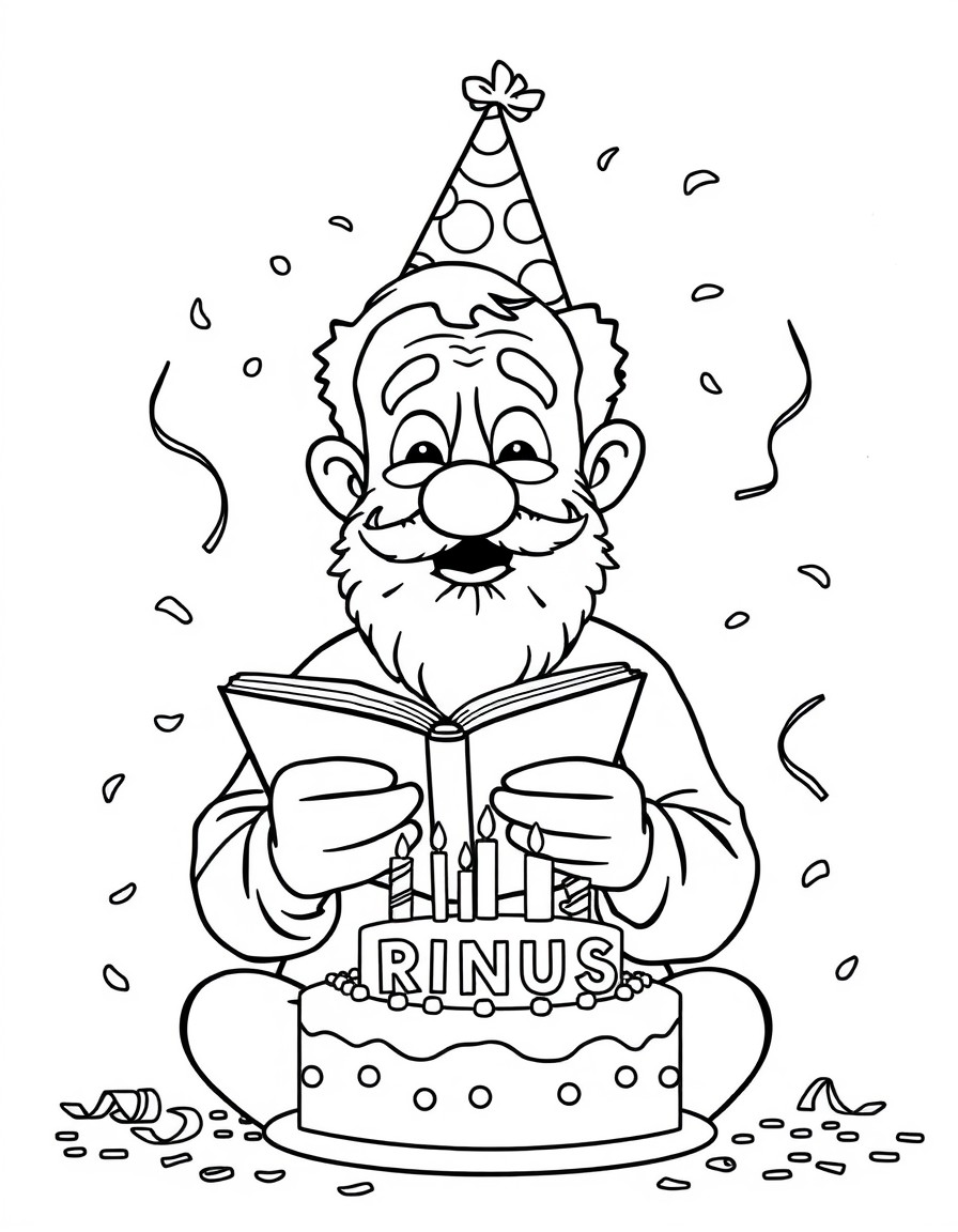 A cute bold grandpa with a fresh, shaven look, NO facial hair, clean-shaven face,  reading a book on his birthday with a birthday cake and confetti everywhere. wearing a birthday hat, the name "RINUS"