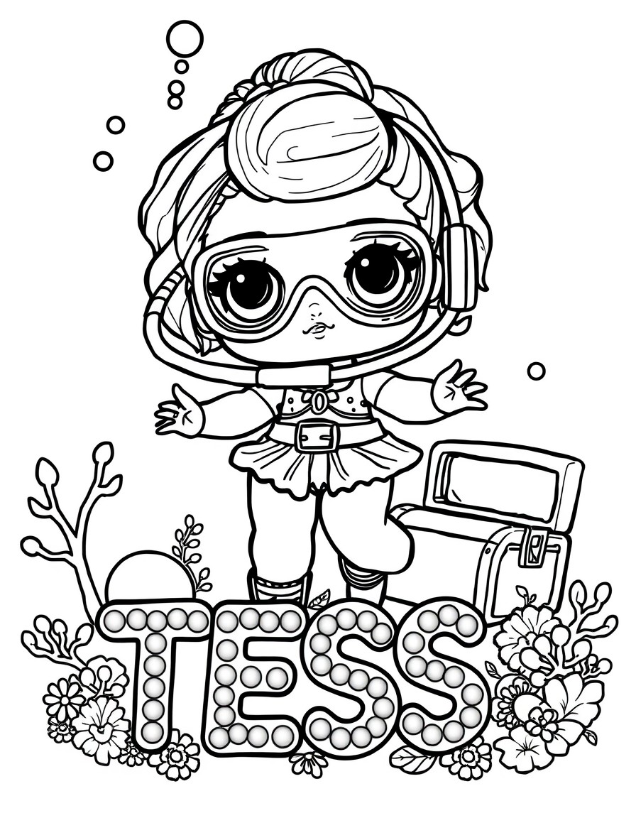 LOL Surprise doll scuba diving around sunken treasure chests and gleaming pearls, spelling out the name "TESS"