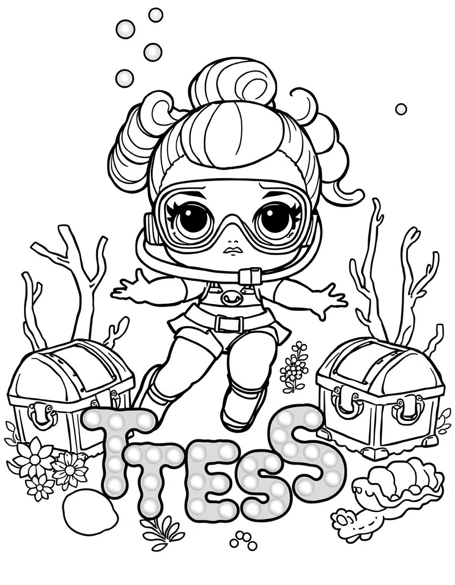 LOL Surprise doll scuba diving around sunken treasure chests and gleaming pearls, spelling out the name "TESS"