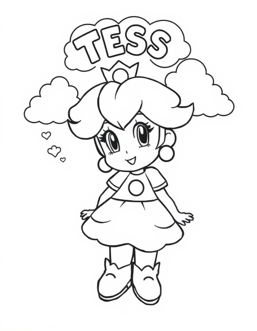 cute little Peach from mario land with the text "TESS" in the clouds