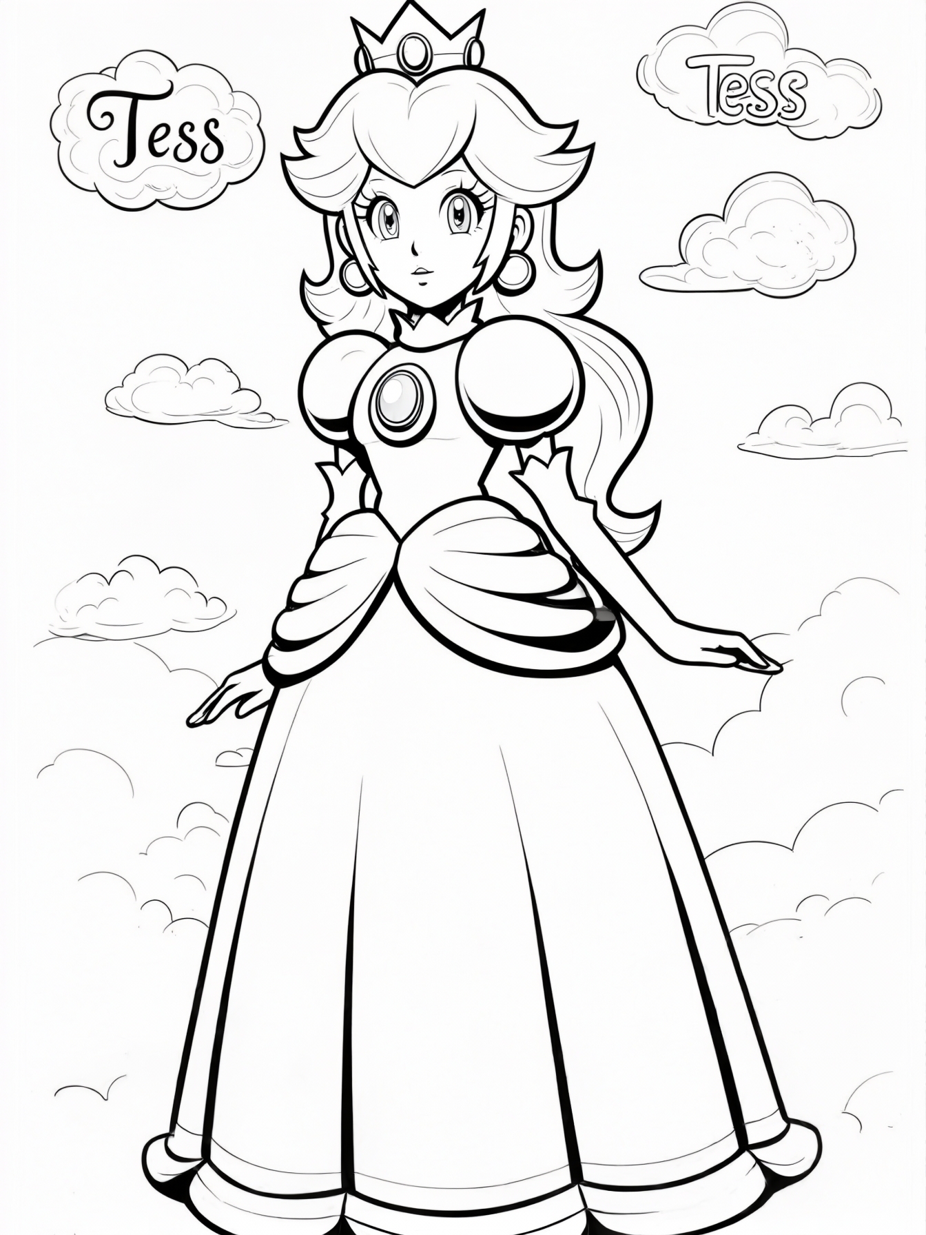 cute looking Peach from Marioland with the name "TESS" showing in the clouds.