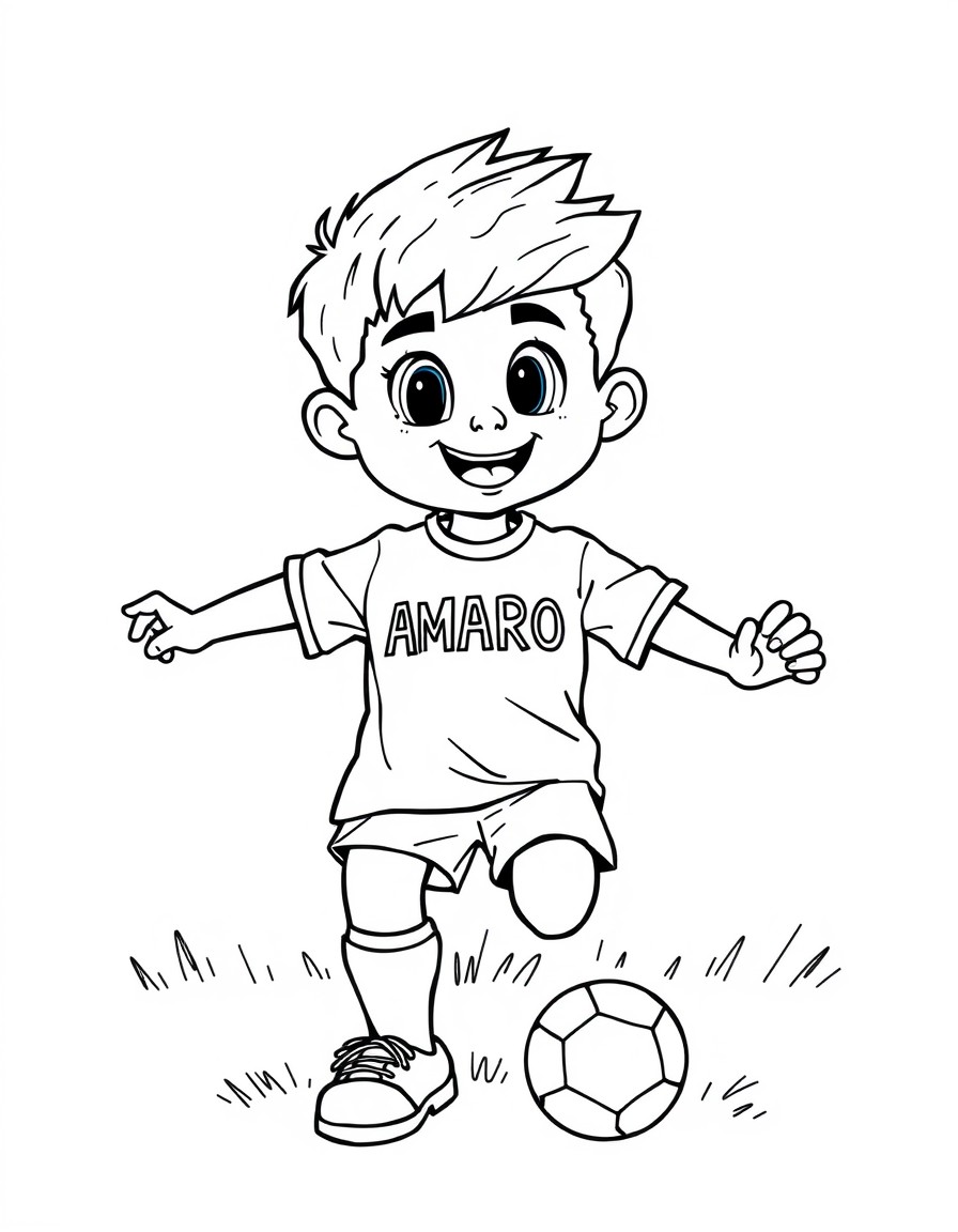 Cute cool boy playing soccer with the name "AMARO" on his shirt