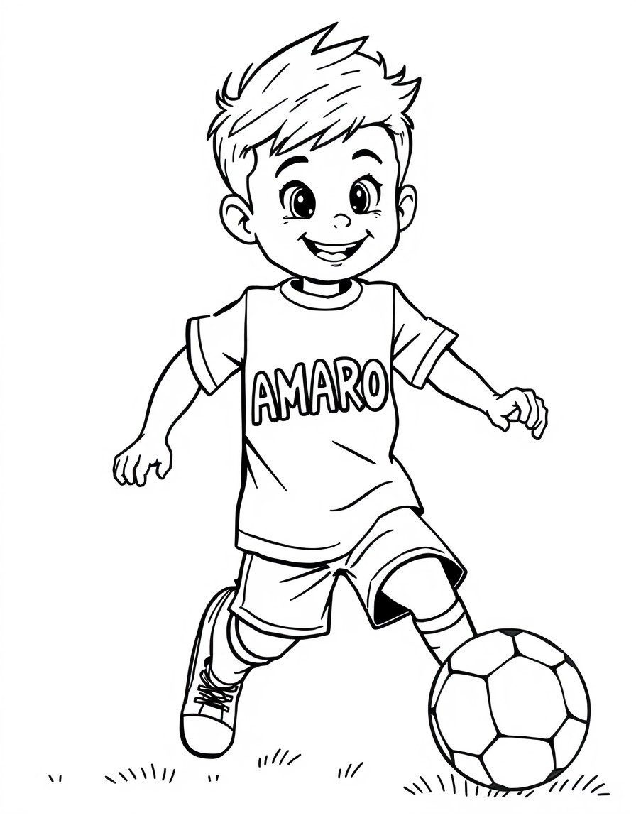 Cute cool boy playing soccer with the name "AMARO" on his shirt