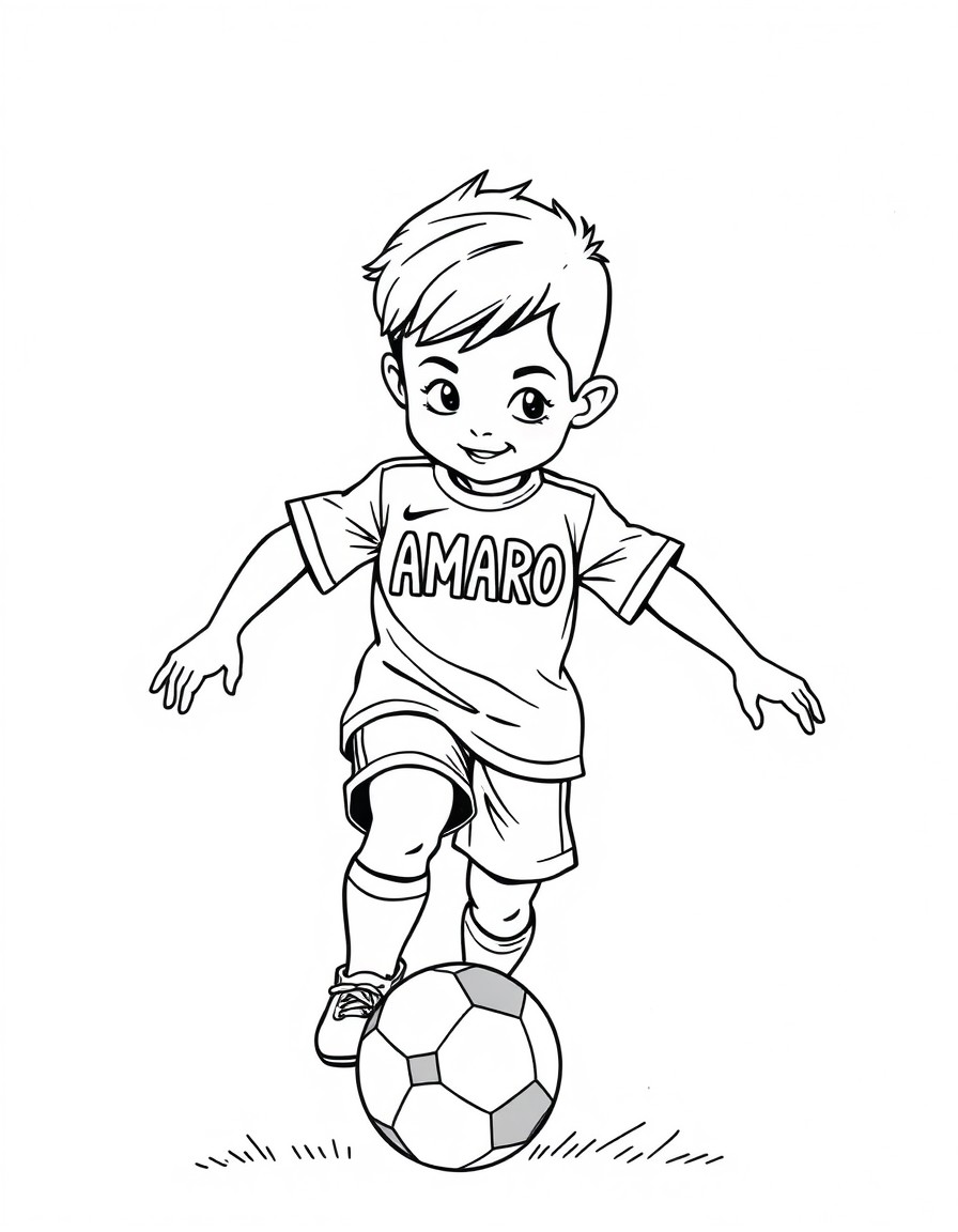 Cute cool boy playing soccer with the name "AMARO" on his shirt