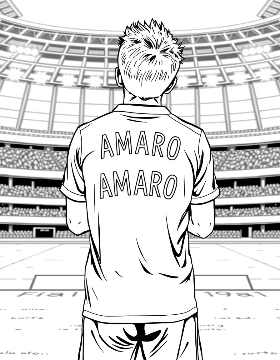 young soccer player stading in a staduium looking up. view from the back side, seeing the back of his shirt that spells the text "AMARO"