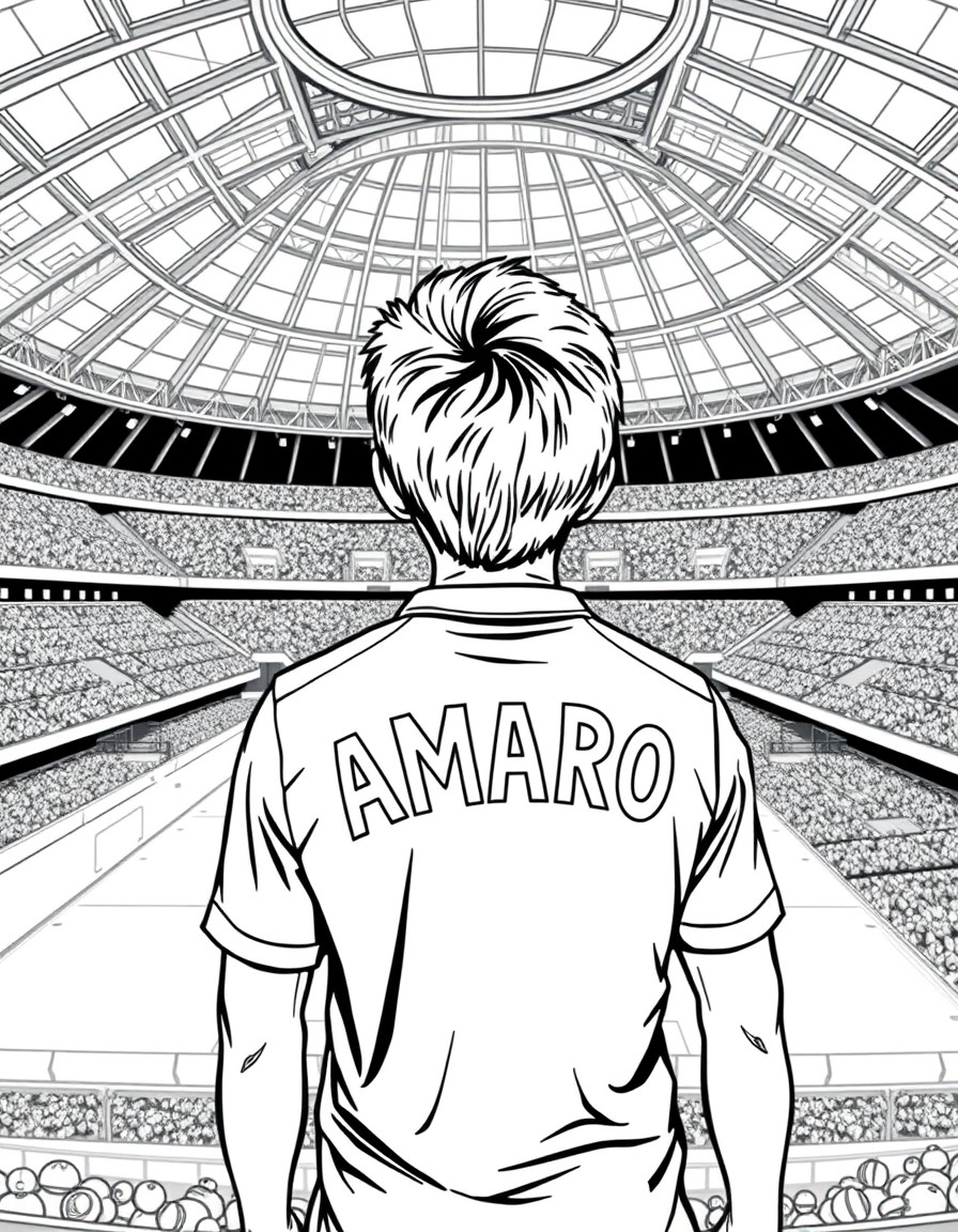 young soccer player stading in a staduium looking up. view from the back side, seeing the back of his shirt that spells the text "AMARO"