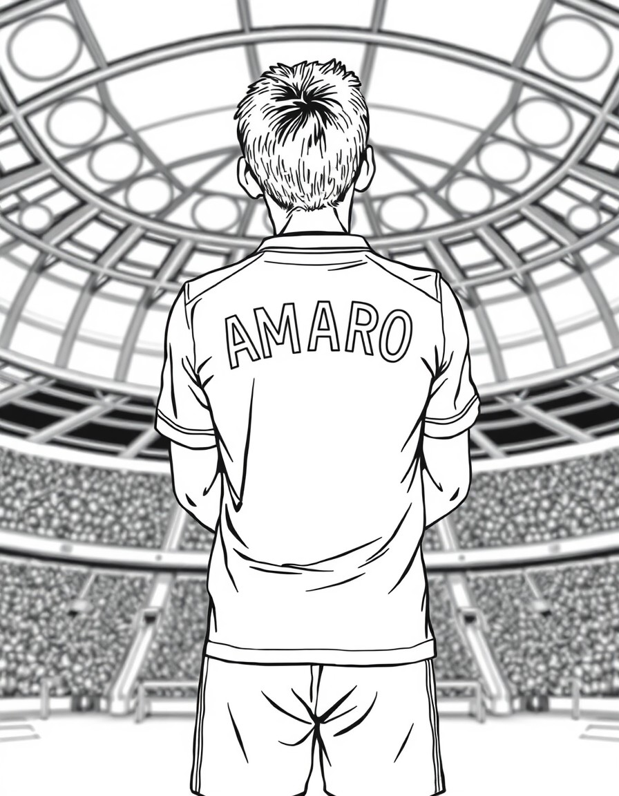 young soccer player stading in a staduium looking up. view from the back side, seeing the back of his shirt that spells the text "AMARO"