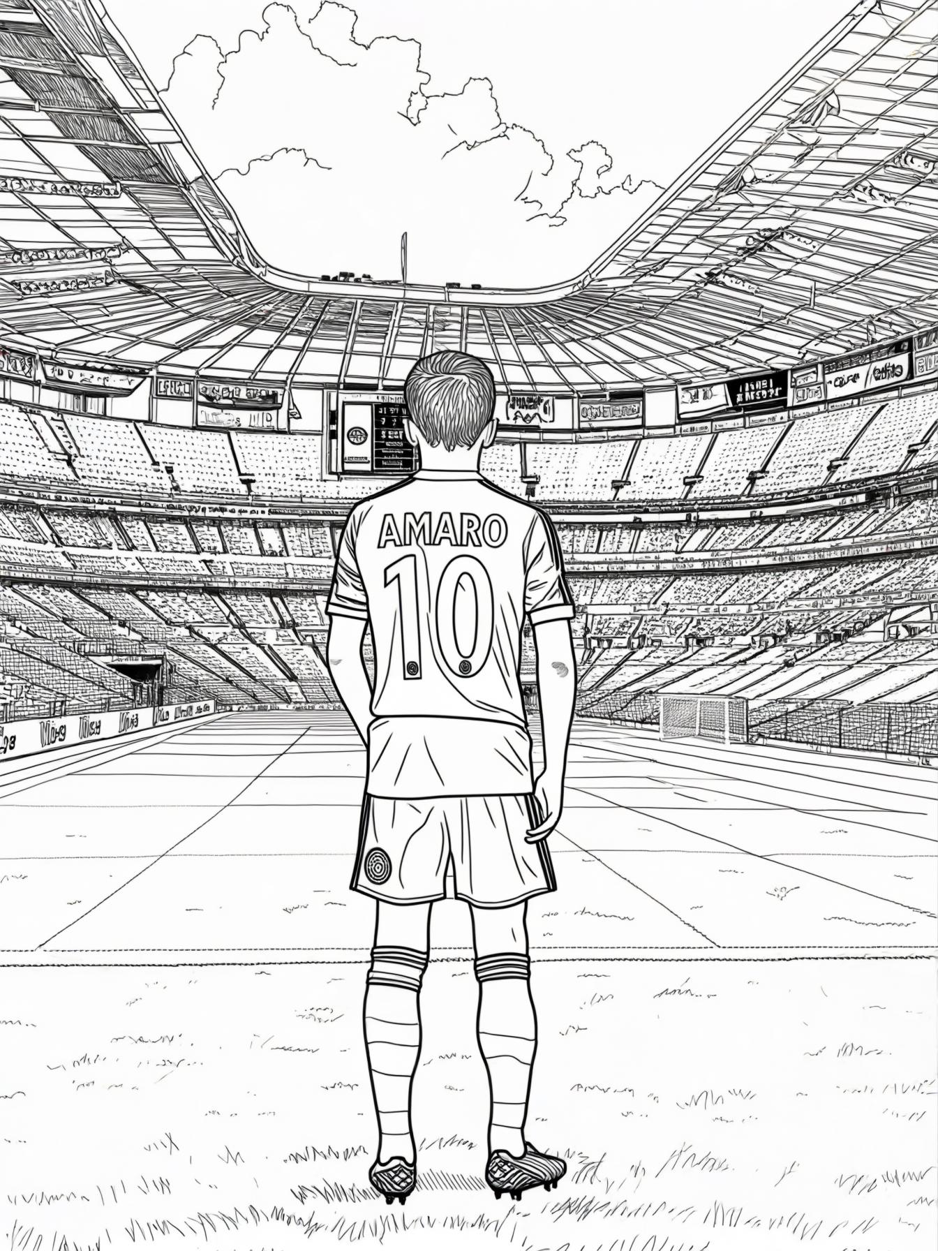 kid soccer player stading in a staduium looking up. view from the back side, seeing the back of his shirt that spells the text "AMARO"