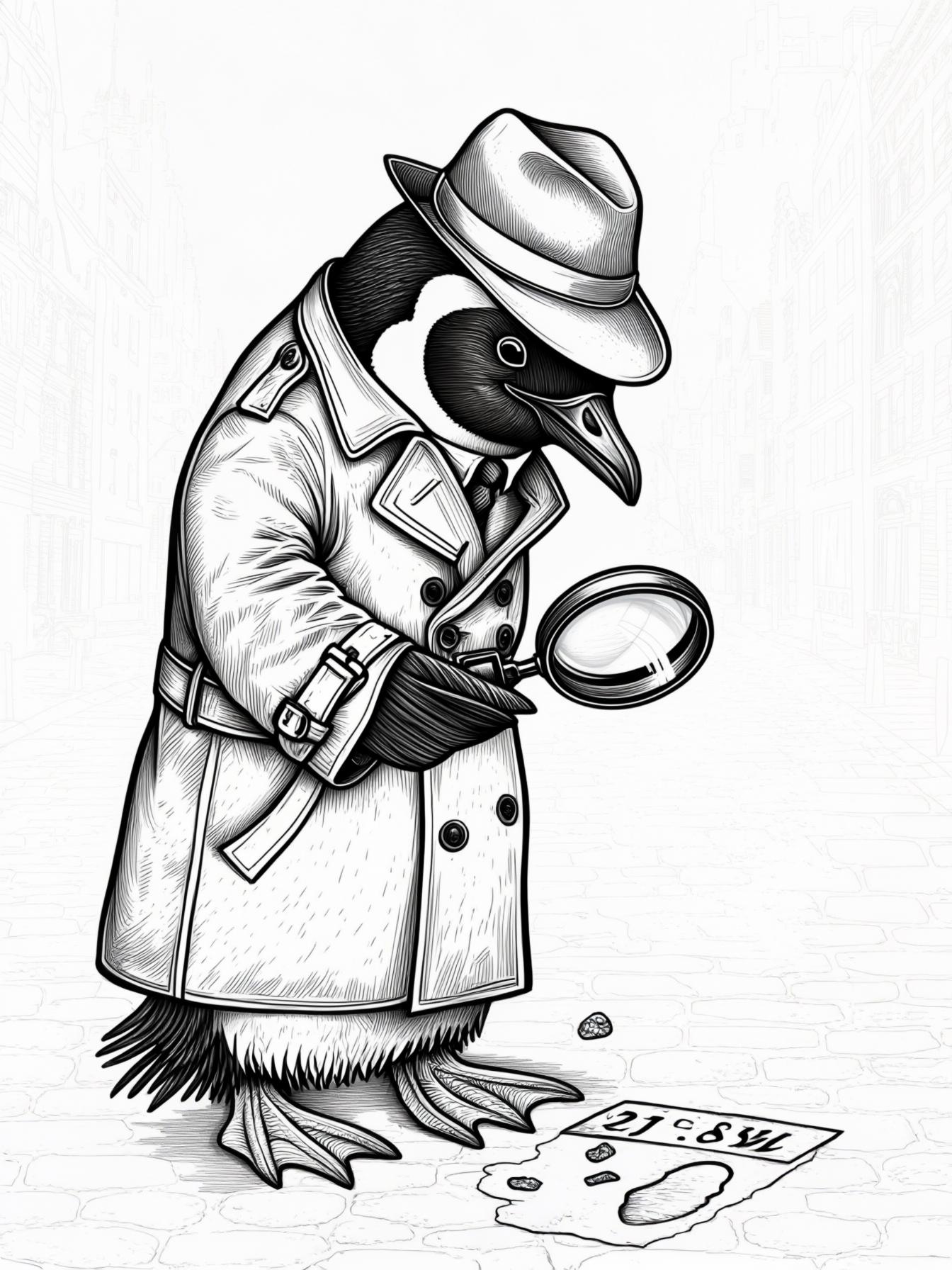 Penguin in a trench coat investigating a clue