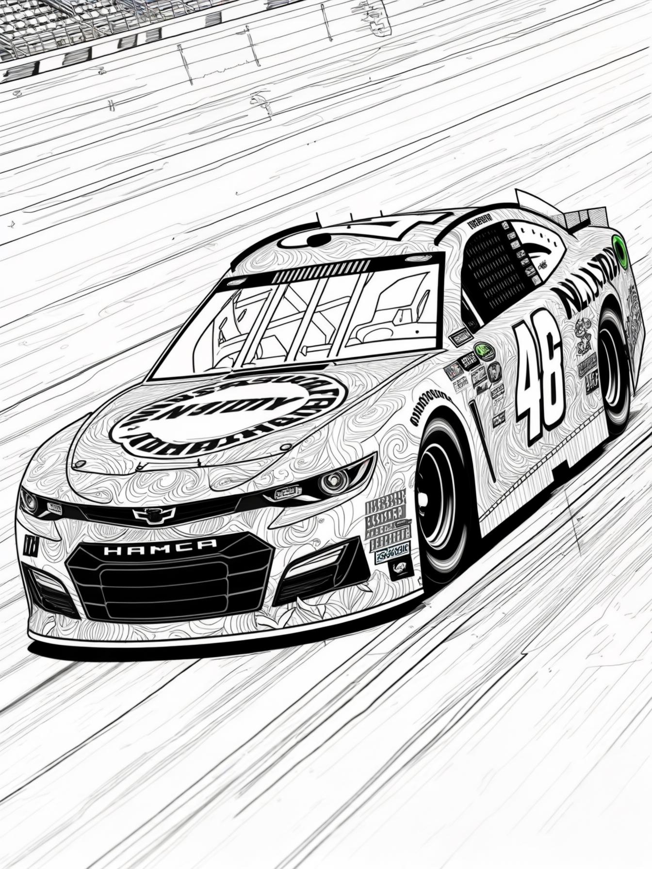 A black and white NASCAR car racing
