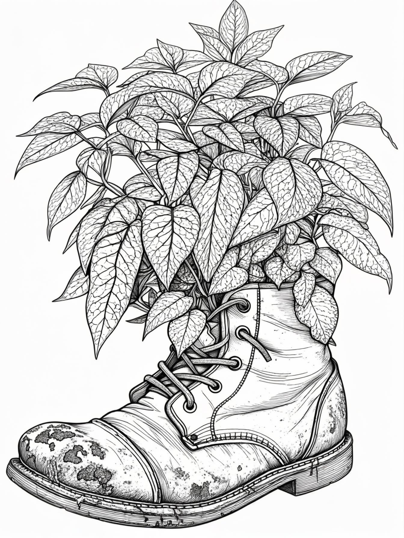 Sketch a houseplant growing in a shoe