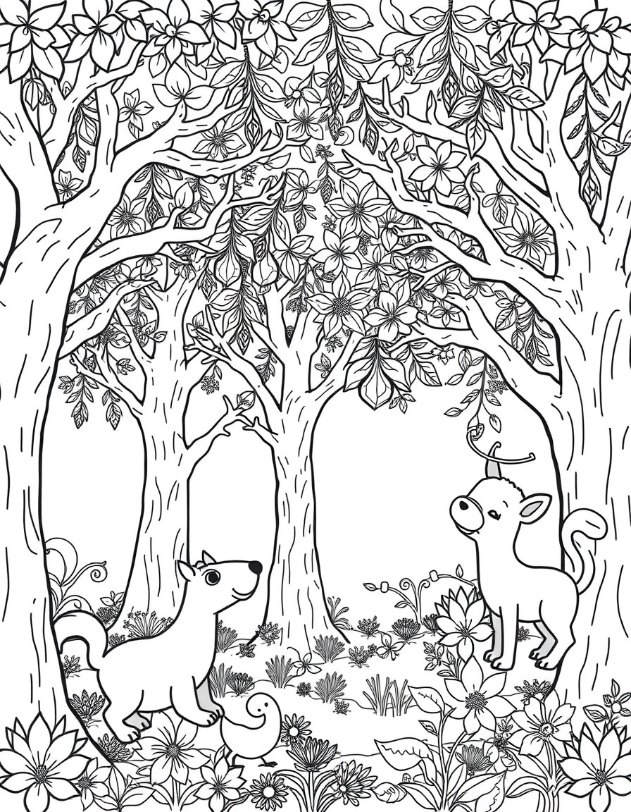 Playful animals among enchanted trees.