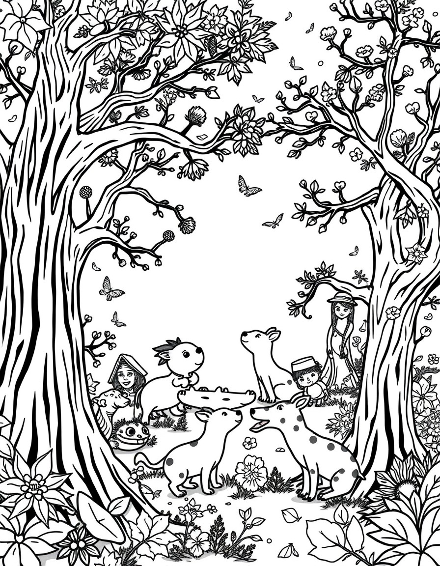Playful animals among enchanted trees.