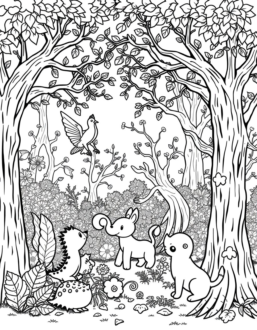 Playful animals among enchanted trees.