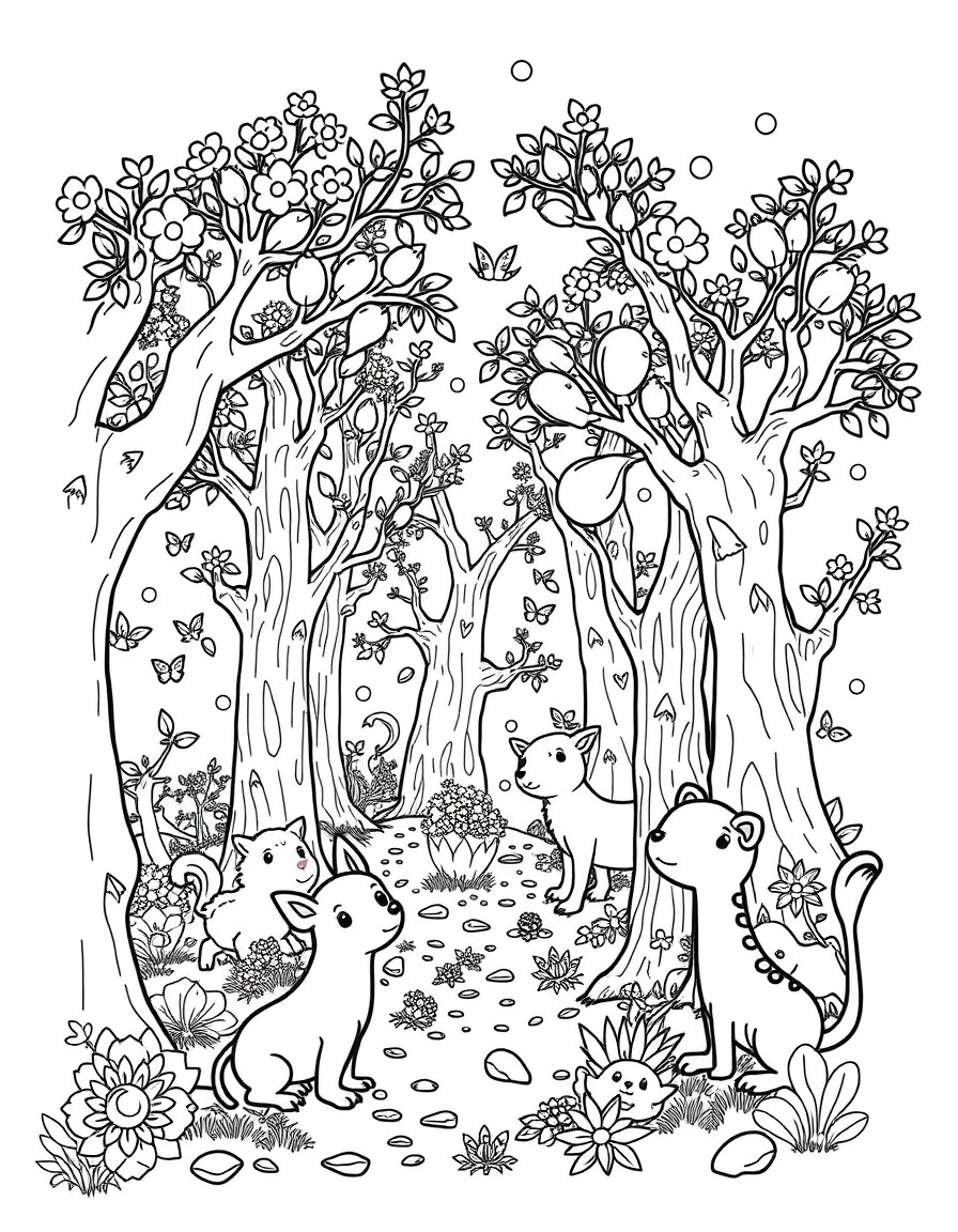 Playful animals among enchanted trees.