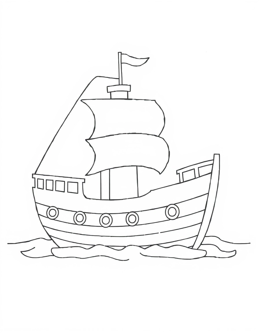 Create two coloring pages one no colored and one full colored. This page displays an adorable ship theme. Coloring side Ship outlined in black and white without color, encouraging children to color th