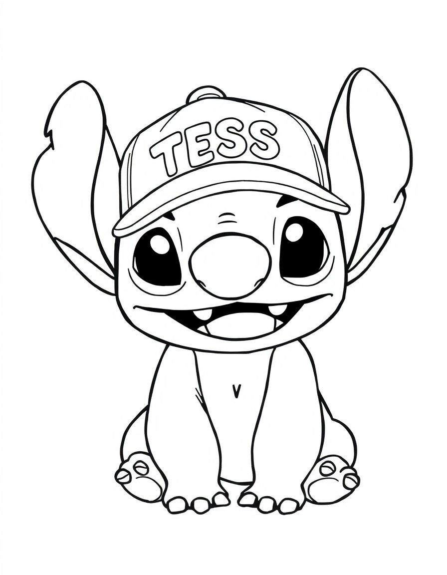 "A cute Stitch with a cap that has the name 'TESS' on it"