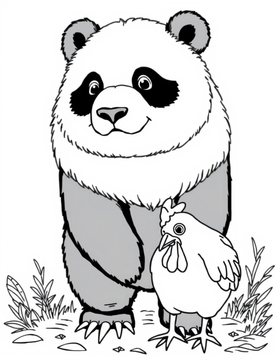 A big panda bear standing on a chicken