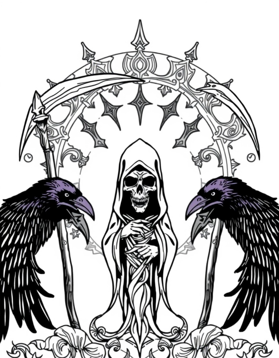 Mandala of grim reaper scythes, skulls, and ravens, layered linework.