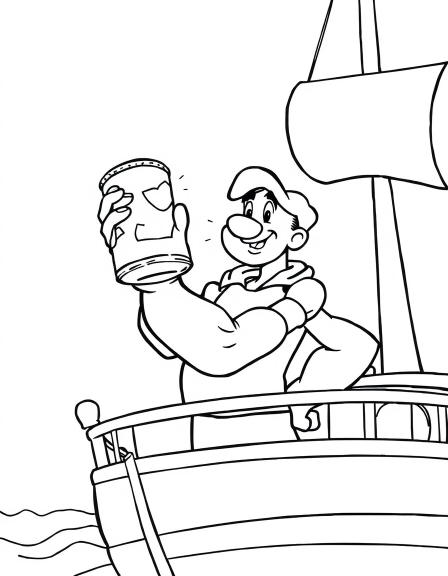 Popeye on a ship holding a spinach can