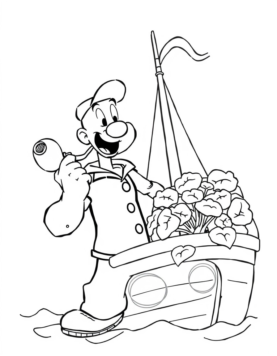 Popeye with a pipe and spinach on a ship