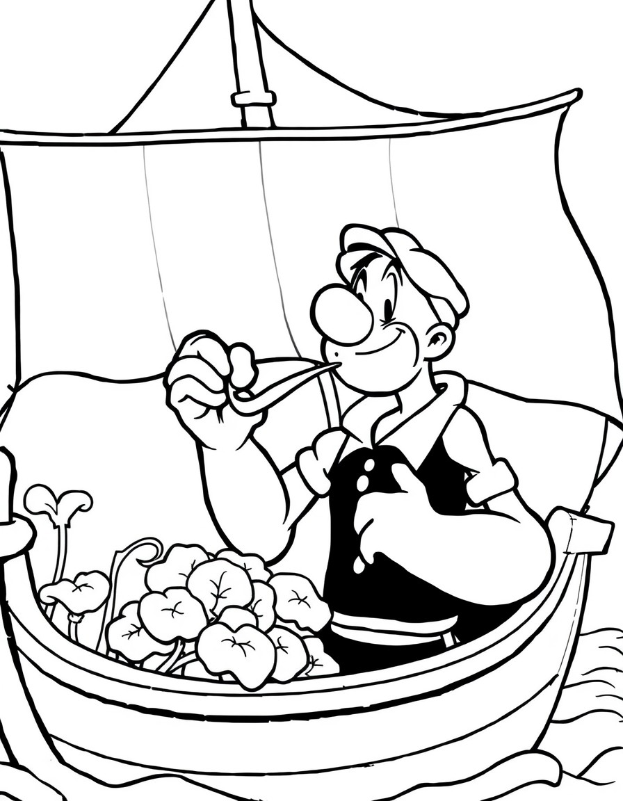 Popeye with a pipe and spinach on a ship