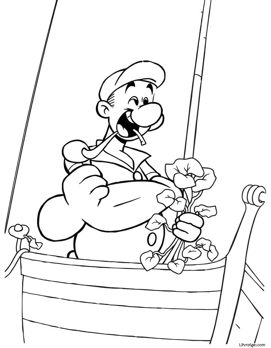 Popeye with a pipe and spinach on a ship