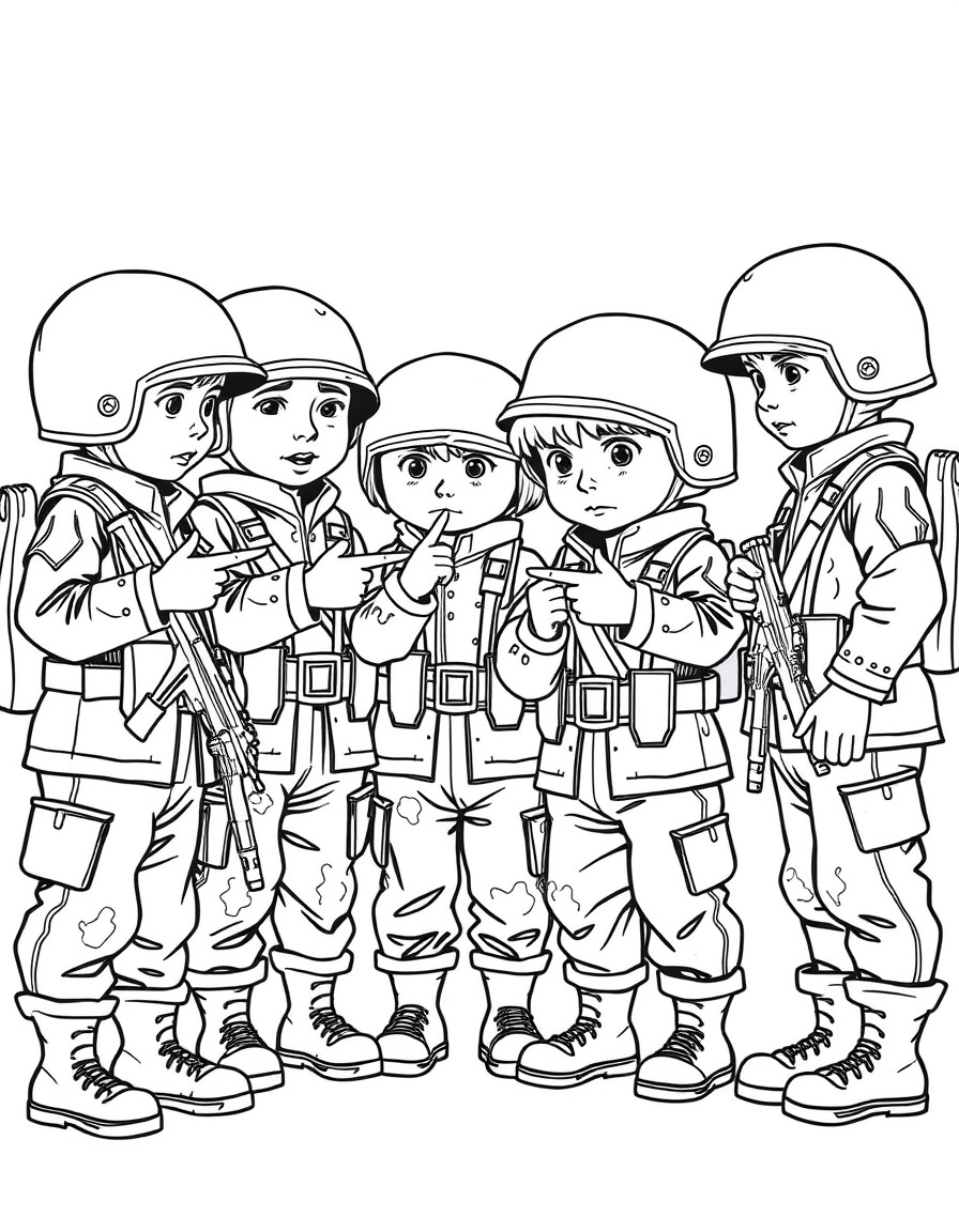 A group of little soldiers with less details on their clothes and more white stains on their clothes picking members by pointing fingers at each other to form a team, holding thin toys of white paint,