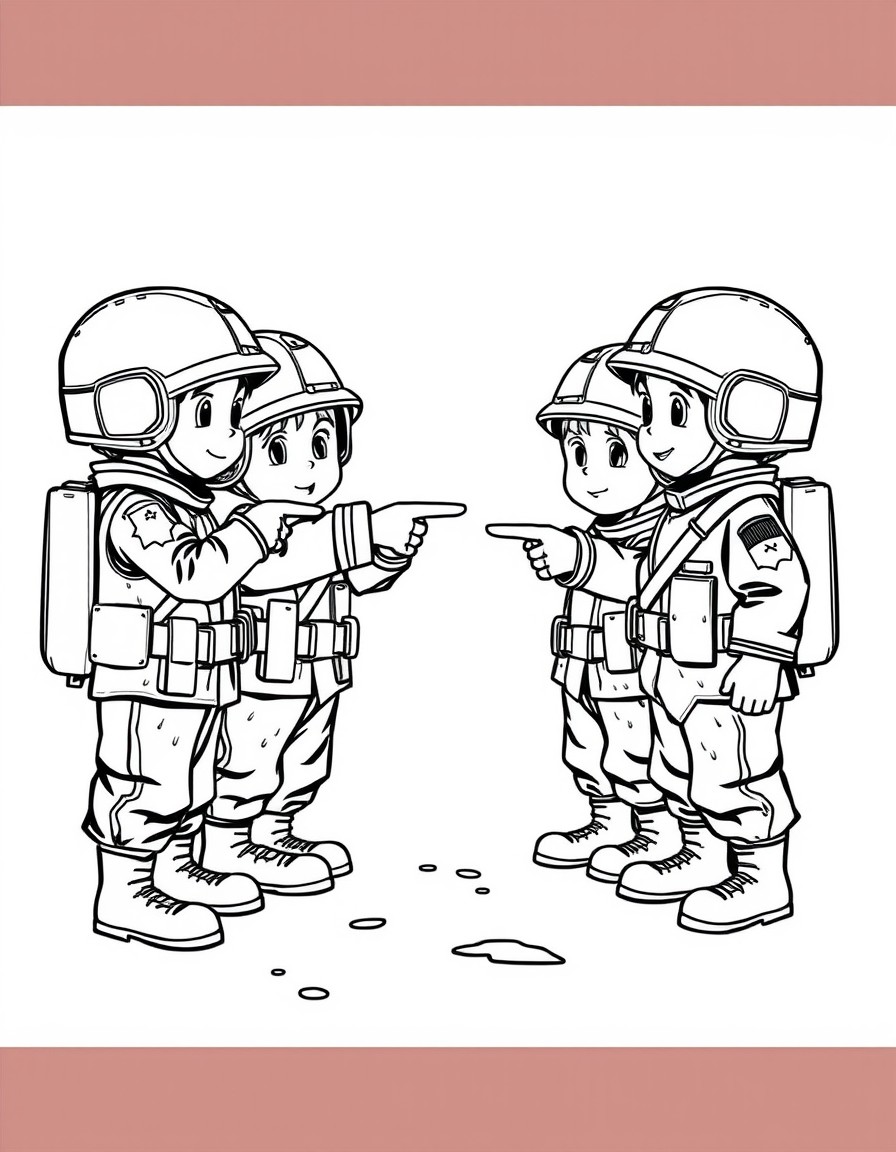 A group of little soldiers with less details on their clothes and more white stains on their clothes picking members by pointing fingers at each other to form a team, holding thin toys of white paint,