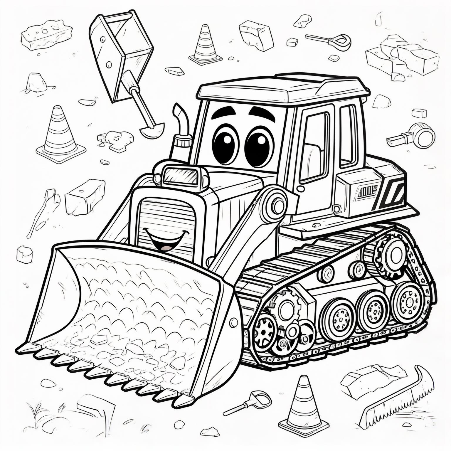 Smiling construction bulldozer, bold lines, cartoon vehicle design for children"