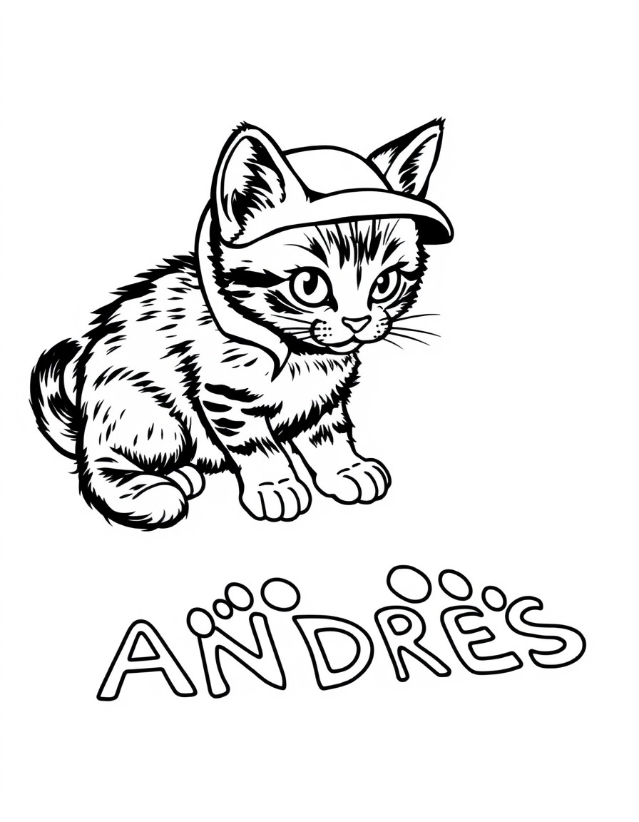 A detective kitten shining a flashlight on footprints that shape 'ANDRES'