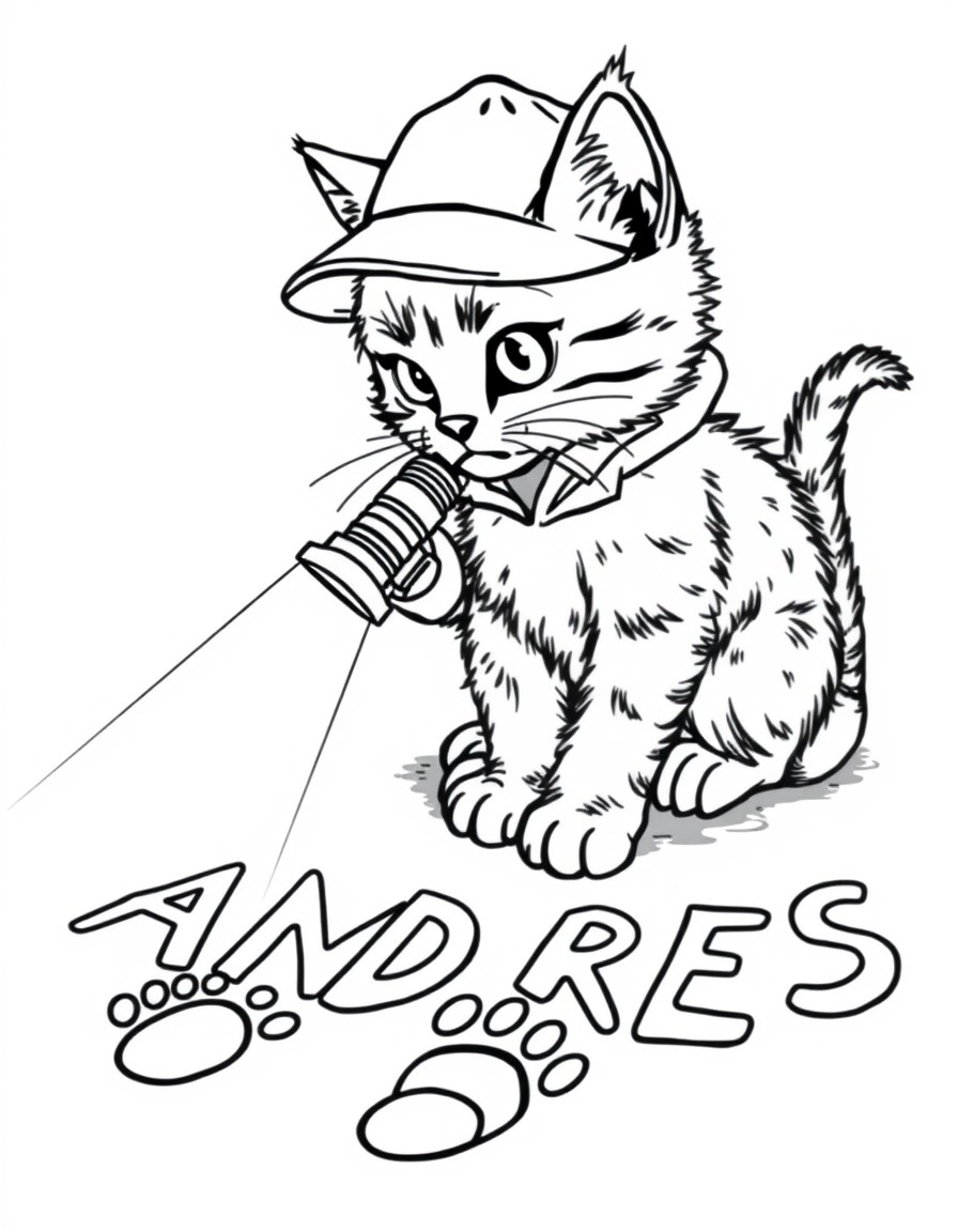 A detective kitten shining a flashlight on footprints that shape 'ANDRES'