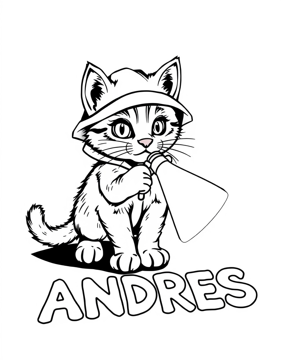 A detective kitten shining a flashlight on footprints that shape 'ANDRES'