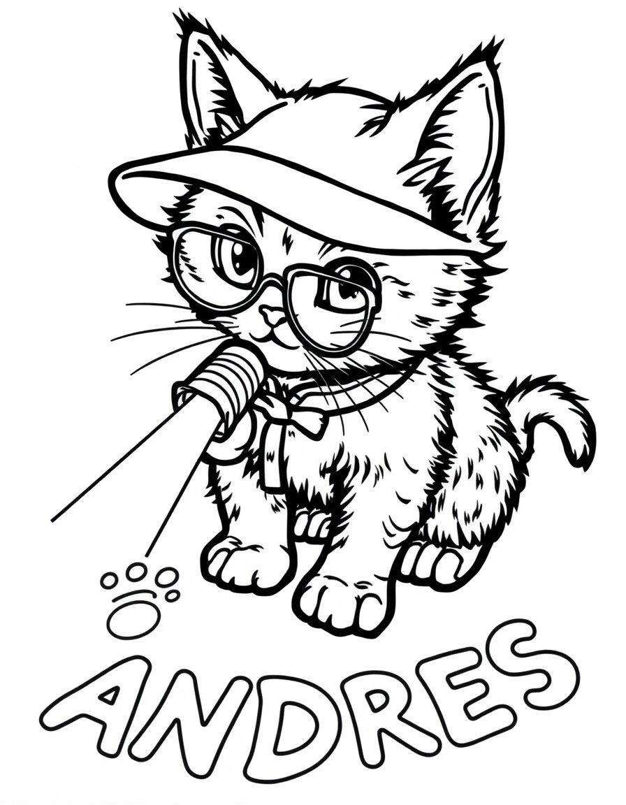 A detective kitten shining a flashlight on footprints that shape 'ANDRES'