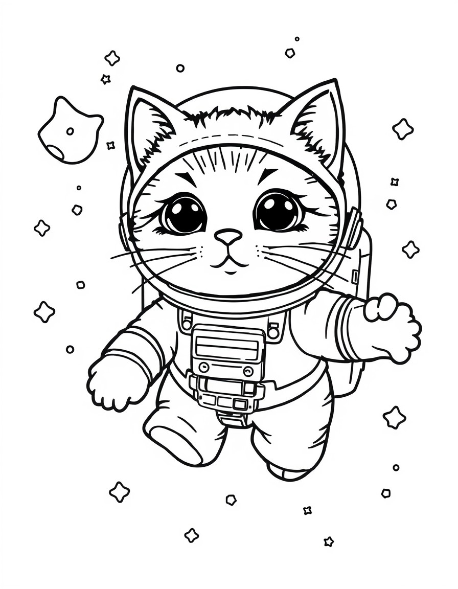 a cute little cat floating in space as an astronaut