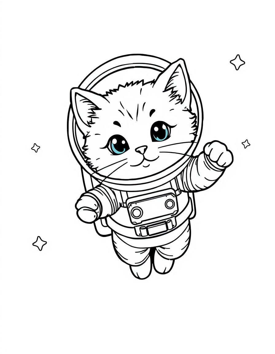 a cute little cat floating in space as an astronaut